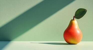 Brightly lit pear on a light green background casting a shadow during daylight hours photo