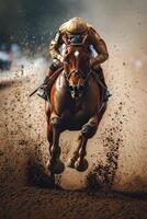 Jockey racing on a horse during sunset on a dirt track, dust swirling around in the air photo