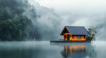 Serene wooden cabin on a misty lake surrounded by mountains and autumn foliage photo