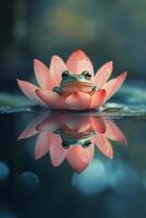 Colorful frog perched by blooming lotus flower in tranquil water setting during golden hour photo