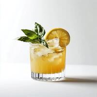 Refreshing cocktail with lemon and basil on a white background for summer enjoyment photo