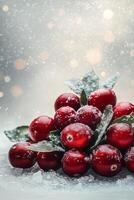 Fresh cranberries dusted with snow on a winter background with soft bokeh lights photo