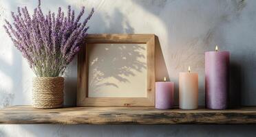 Peaceful home decor with lavender flowers and candle creating a cozy ambiance in evening light photo