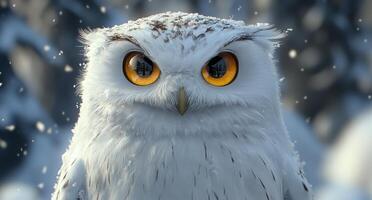 Cute animated owl with big eyes in snowy setting enjoying the winter wonderland photo