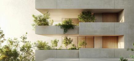 Modern architectural design with greenery on balcony in urban setting during daytime photo