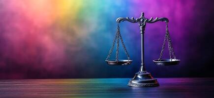 Symbolic representation of justice with scales against a colorful background photo
