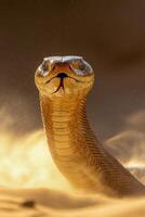 Golden snake emerging from sand with tongue flicking in sunlight during a desert expedition photo