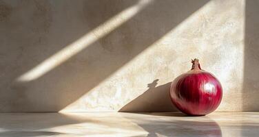 Red onion resting on a surface with gentle light illuminating its texture and shape photo