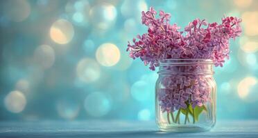Beautiful lilac flowers in a glass jar surrounded by soft blurred background lights at dusk photo