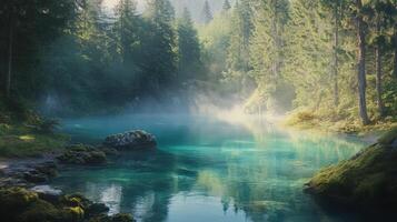 Serene Mountain Lake with Lush Green Forest Background photo