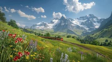 Scenic Train Journey Through Lush Green Mountains and Flowers photo