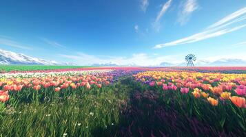 Colorful Tulip Field Under Clear Blue Sky photo