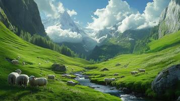 Scenic View of Engelberg Valley with Gentle Sheep Grazing photo