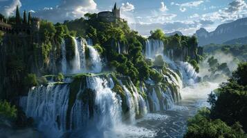 Majestic Waterfalls Cascade Through Lush Greenery Under Clear Sky photo