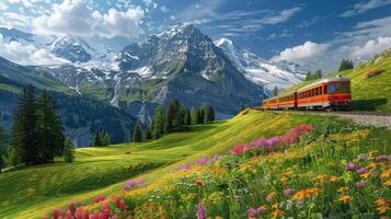 Scenic Train Journey Through Colorful Meadows and Majestic Mountains photo