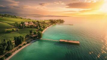 Serene Sunset Over Vineyard and Lake with Pier and Green Hills photo