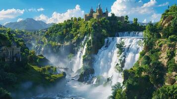 Majestic Castle Overlooking the Cascading Waterfalls and Forest photo