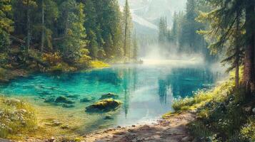 Serene Mountain Lake with Vibrant Blue Waters photo