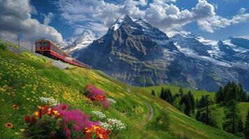 Scenic Train Journey Through Lush Green Landscape and Mountains photo