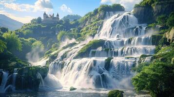 Majestic Waterfall Cascades with Lush Greenery and Scenic Castle photo