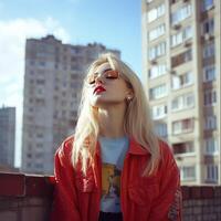 Portrait of a blonde girl in 90s urban setting and ghetto architecture photo