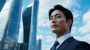 Confident man in business attire poses against modern city skyline under cloudy sky photo