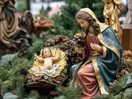 Representation of the Nativity with Joseph and the newborn Jesus in a serene setting photo