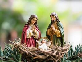 Nativity scene depicting the birth of Jesus in a serene setting with Mary and Joseph photo