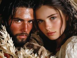 Couple in Biblical setting expressing deep connection and emotion in a rustic environment photo
