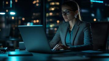 Woman working diligently at a computer in a modern office during nighttime hours photo