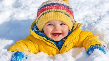 Smiling toddler in bright yellow coat playing in fresh snow on a winter day photo