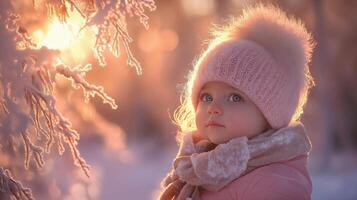 Child enjoying a magical winter sunset surrounded by frosty trees and gentle light photo