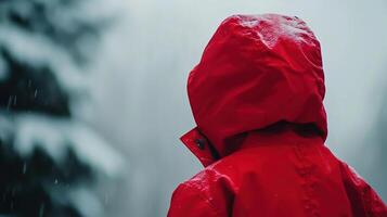 Child enjoying a snowy winter day in nature while wearing a bright red jacket, no face visible photo