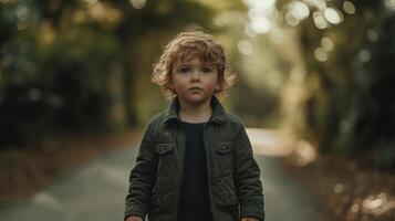 Curly-haired boy exploring woodland path surrounded by nature photo
