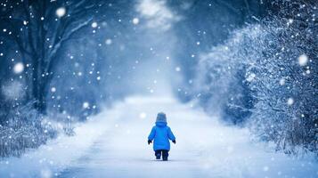 Winter wonderland explores child walking through snowy path in tranquil forest setting photo