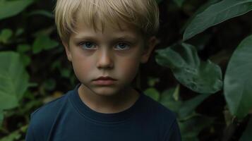 Child enjoying summer in lush greenery with a serious expression on their face photo