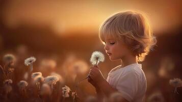 Child enjoying nature in a summer meadow while exploring dandelions at sunset photo