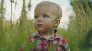 Child enjoying a summer day in a lush green field surrounded by tall grass photo