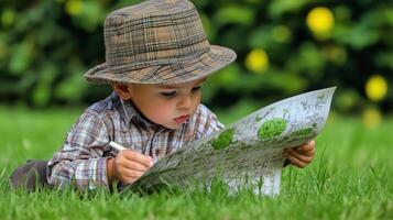 Boy exploring nature while drawing in bright summer setting photo