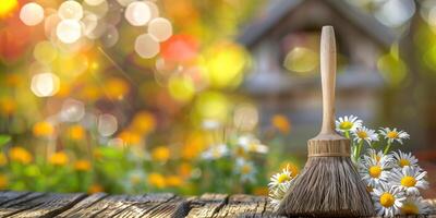 Cleaning tools and flowers create a serene atmosphere in a natural setting photo