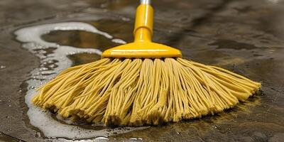 Effective cleaning tool resting on a wet floor surrounded by soap suds in a bright space photo