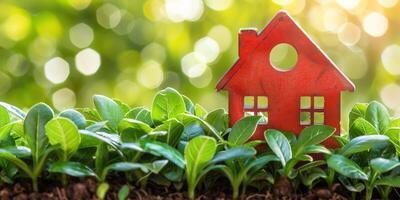 Vibrant house figurine amid fresh green plants under soft sunlight in a calming garden setting photo