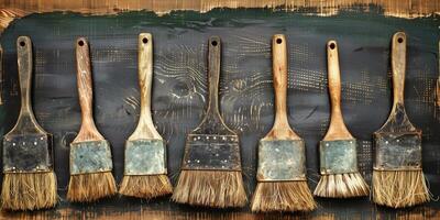 Various brushes arranged on a rustic wooden background for home cleaning tasks photo
