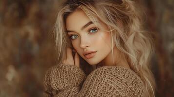 Pensive woman portrait with captivating eyes and soft lighting in a warm setting photo