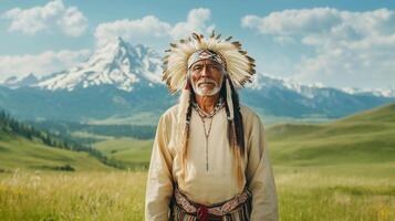 Portrait of Native American elder wearing traditional attire against a mountain backdrop photo