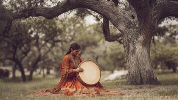 Native American woman playing a drum under a large tree in a serene outdoor setting photo