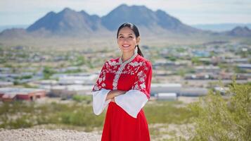 Portrait of Native American woman in traditional attire against desert landscape photo