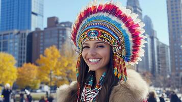 Smiling Native American woman in traditional attire with vibrant headdress stands in urban setting photo