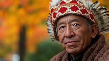 Portrait of a Native American man in traditional attire with autumn foliage backdrop photo