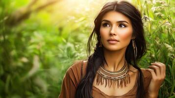 Portrait of a Native American woman in a natural setting with a warm glow photo